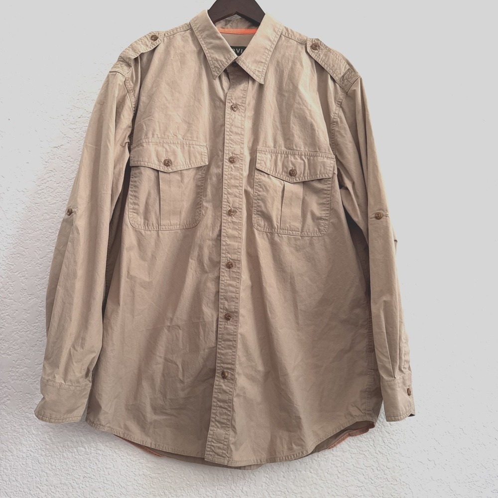 Orvis Men Khaki Utility Fishing Shirt 2PBH Long Sleeve Hiking Gorpcore Size L